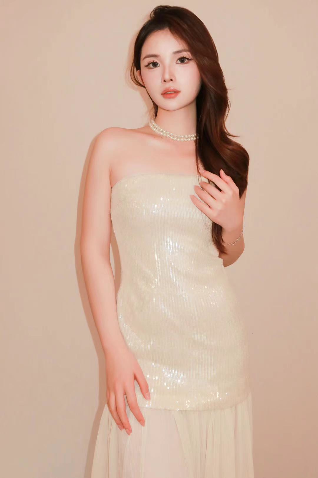 Ivory Sequin Strapless Maxi Dress