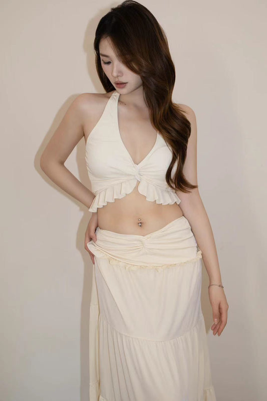 Ivory Ruffle Halter Top & Skirt Set