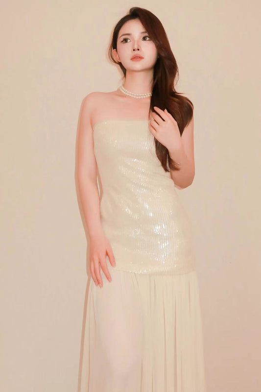 Ivory Sequin Strapless Maxi Dress