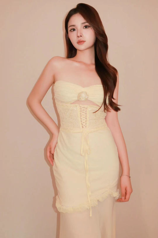 Light Yellow Corset Lace-Up Dress