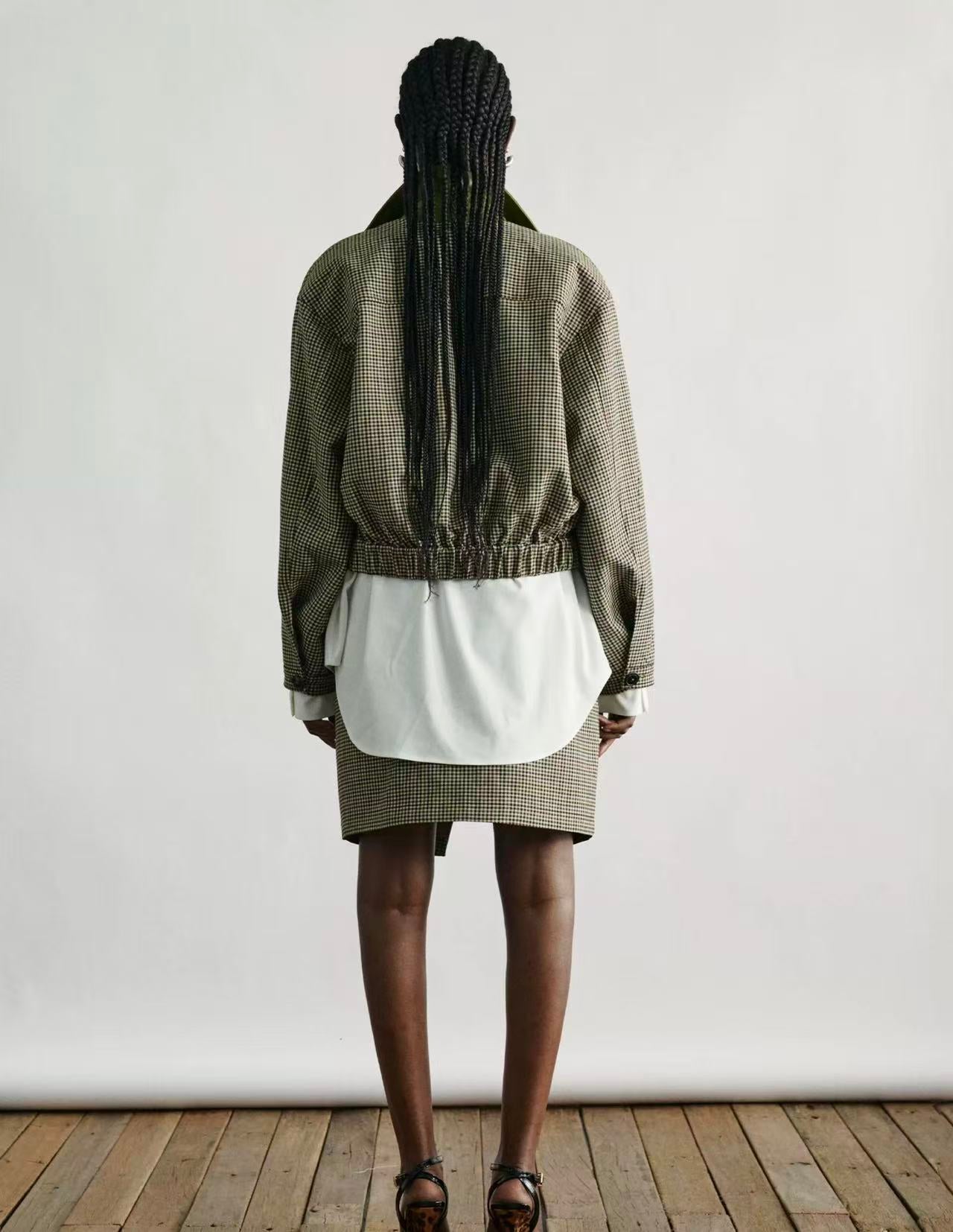 Cropped Houndstooth Jacket with Contrast Faux-Leather Collar