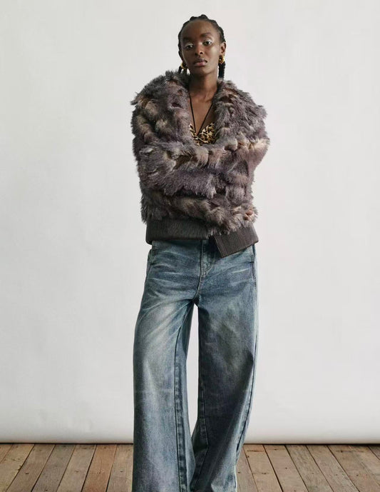 Contrast Faux Fur Collar Plush Jacke