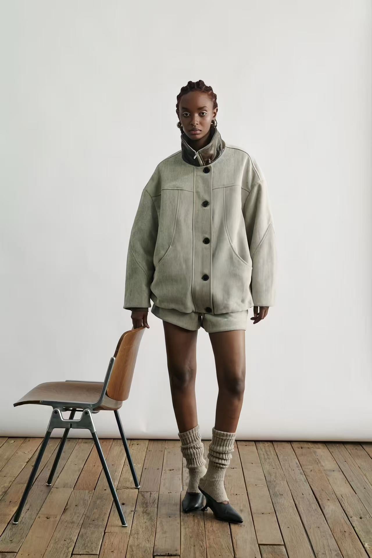 Contrast-Leather Chenille Cocoon Coat