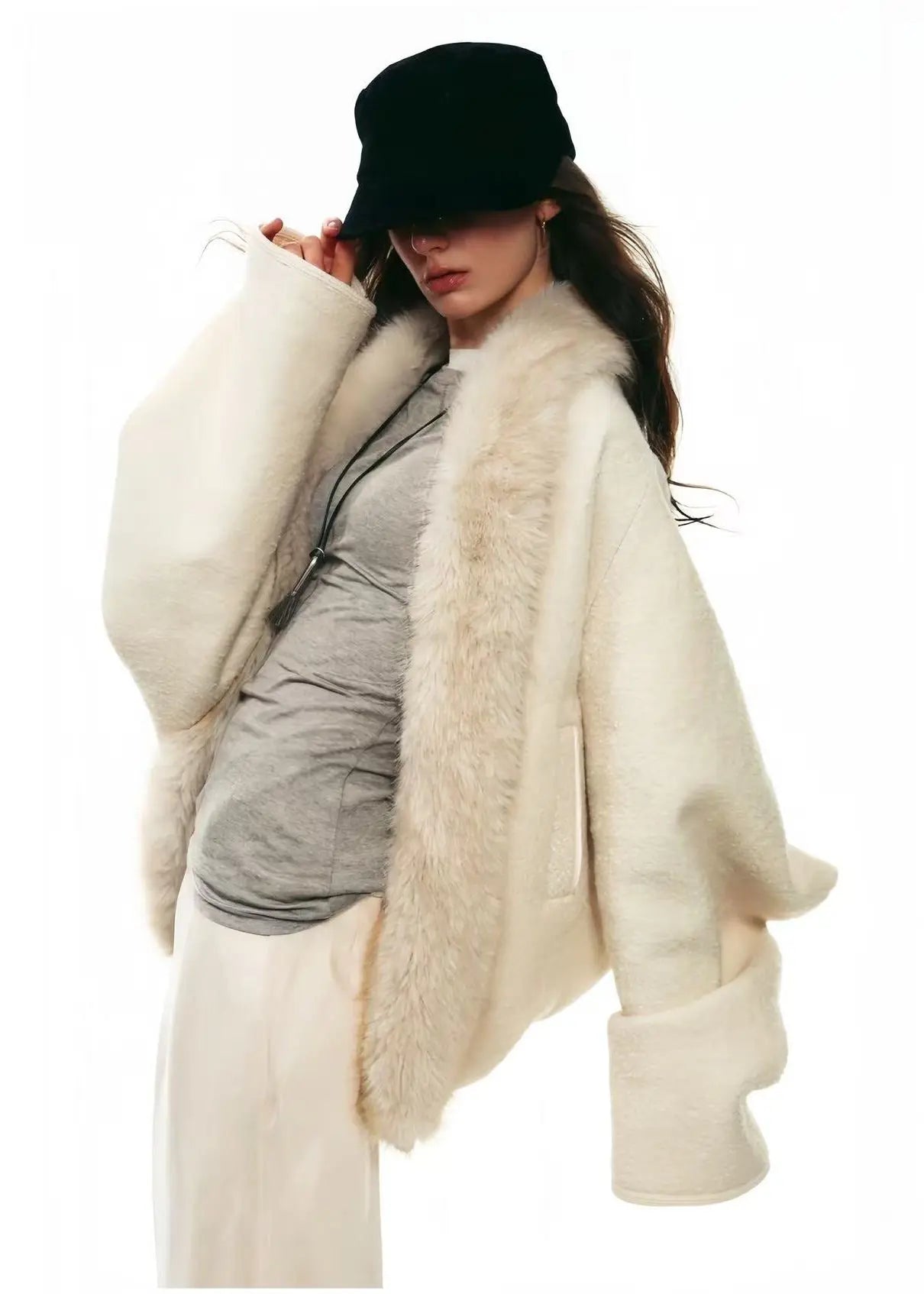 Cream Faux-Fur Collar Batwing Wool Coat - Velanocta