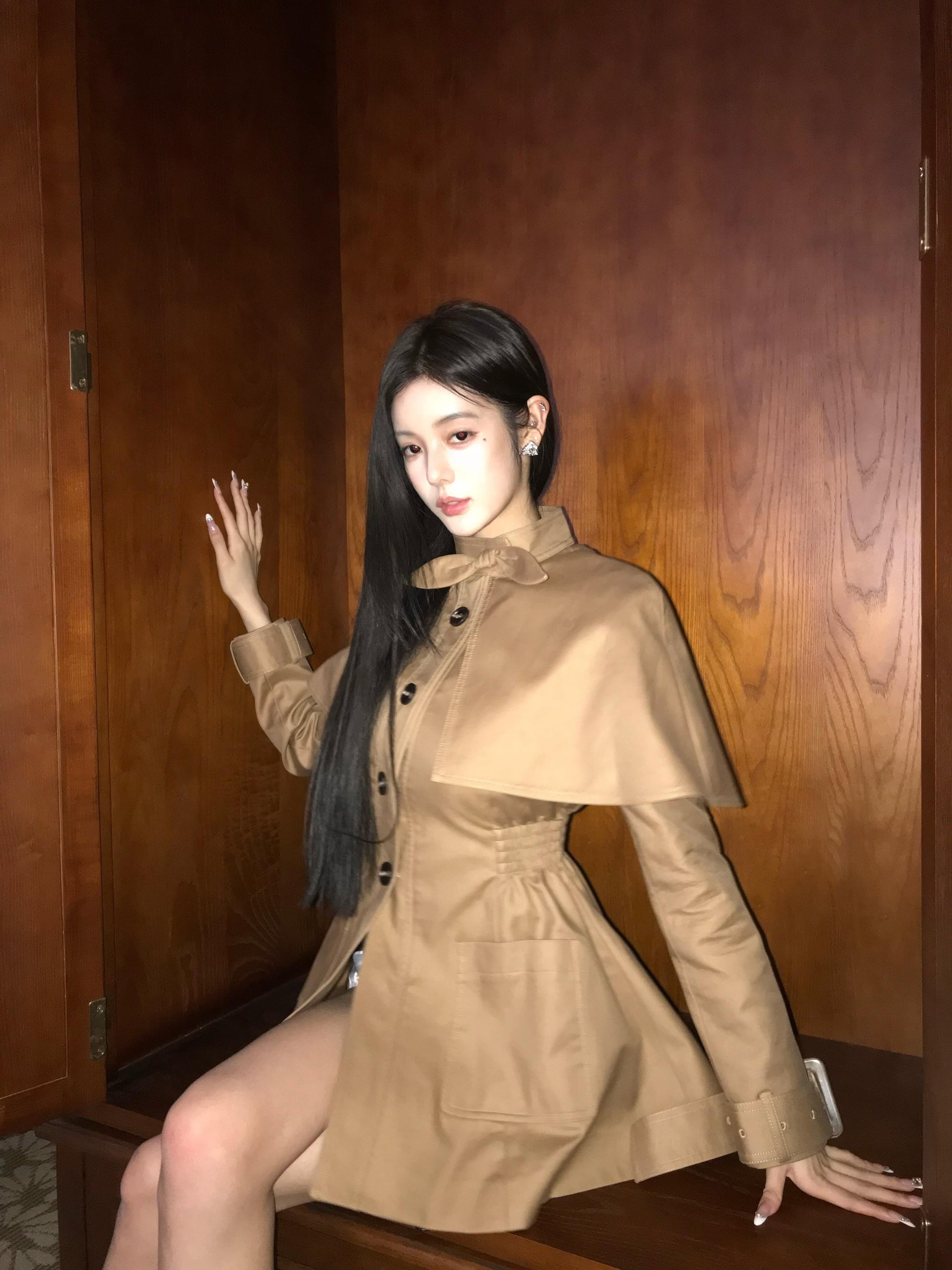 Camel Cape-Style Tailored Trench Coat