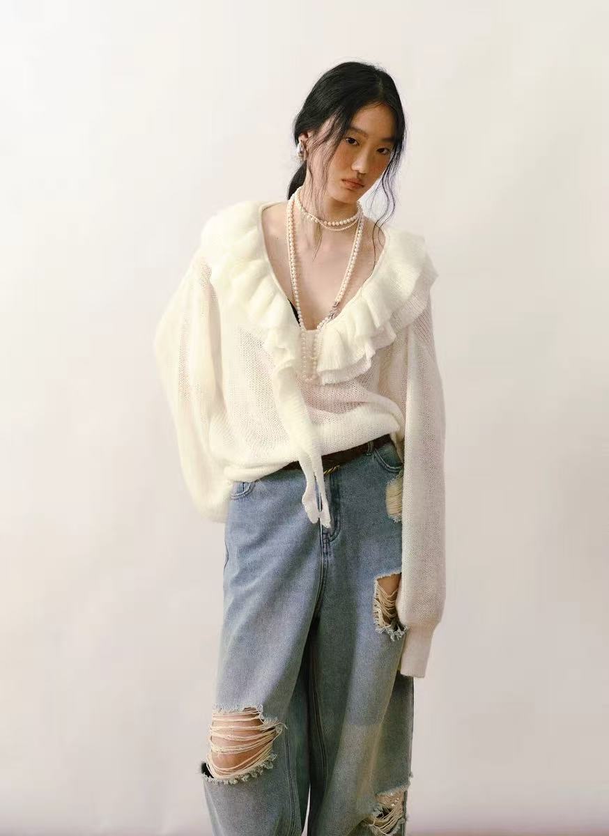 French Ruffled V-Neck Mohair Sweater
