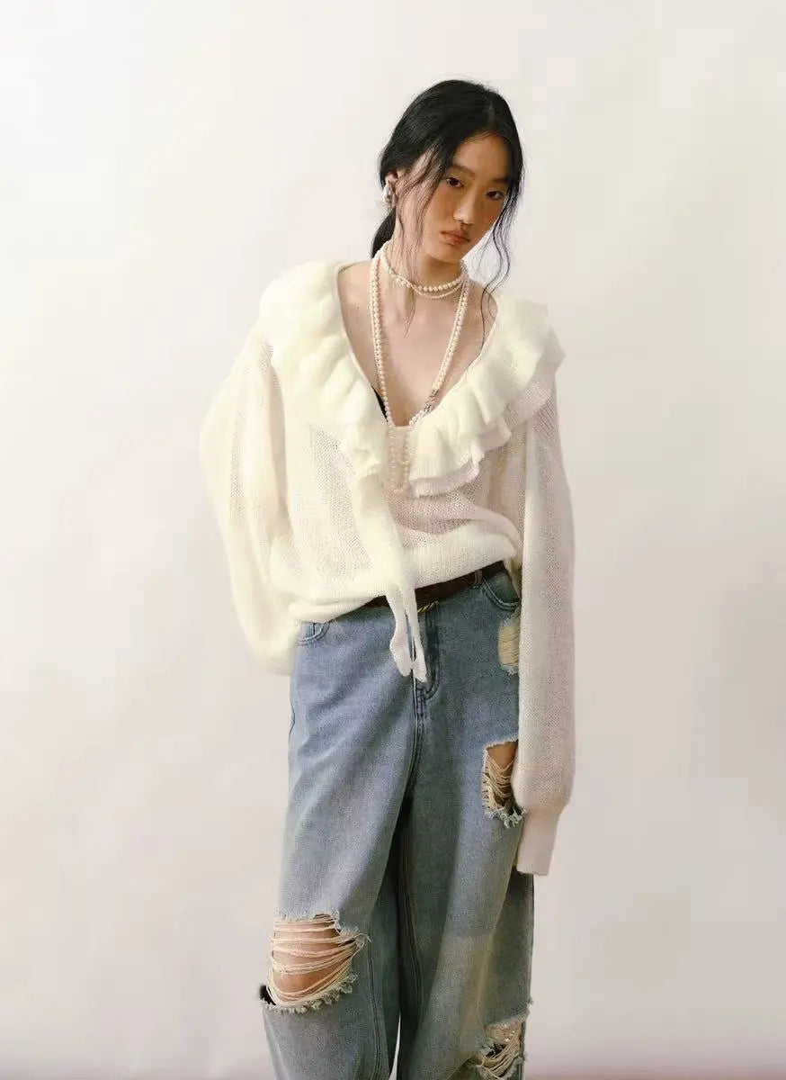 French Ruffled V-Neck Mohair Sweater - Velanocta