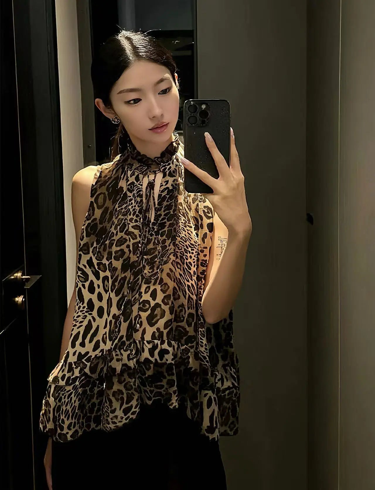 Leopard Print Ruffle Halter Top - Velanocta