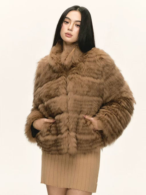 Amber Fox Fur Carved-Stripe Coat with High Collar — SAGA Certified
