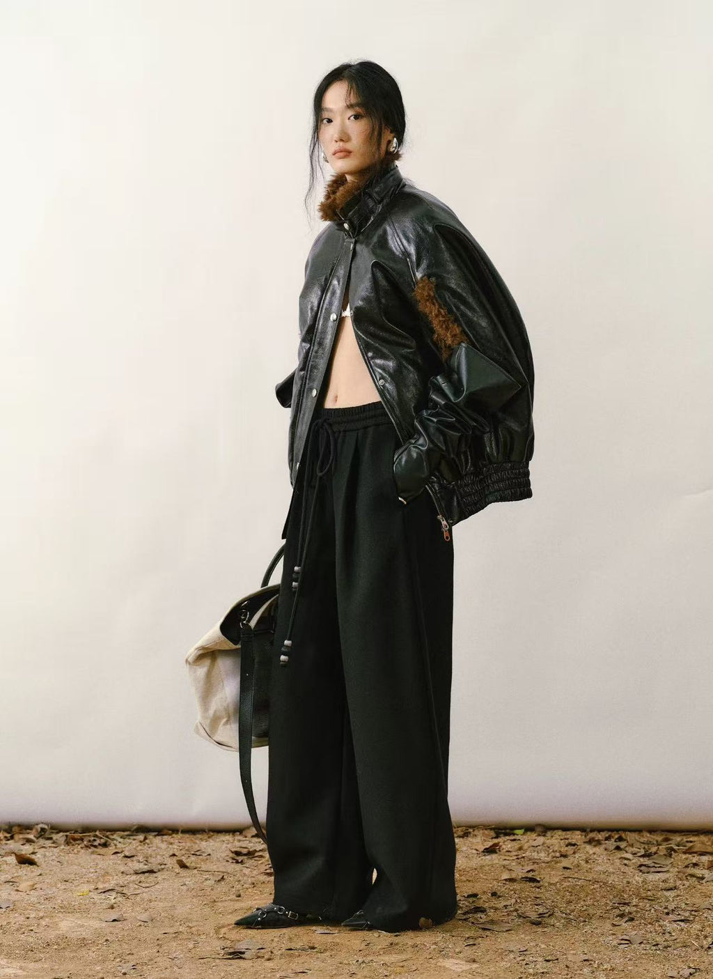 High-Neck Sleeveless PU Cape Jacket