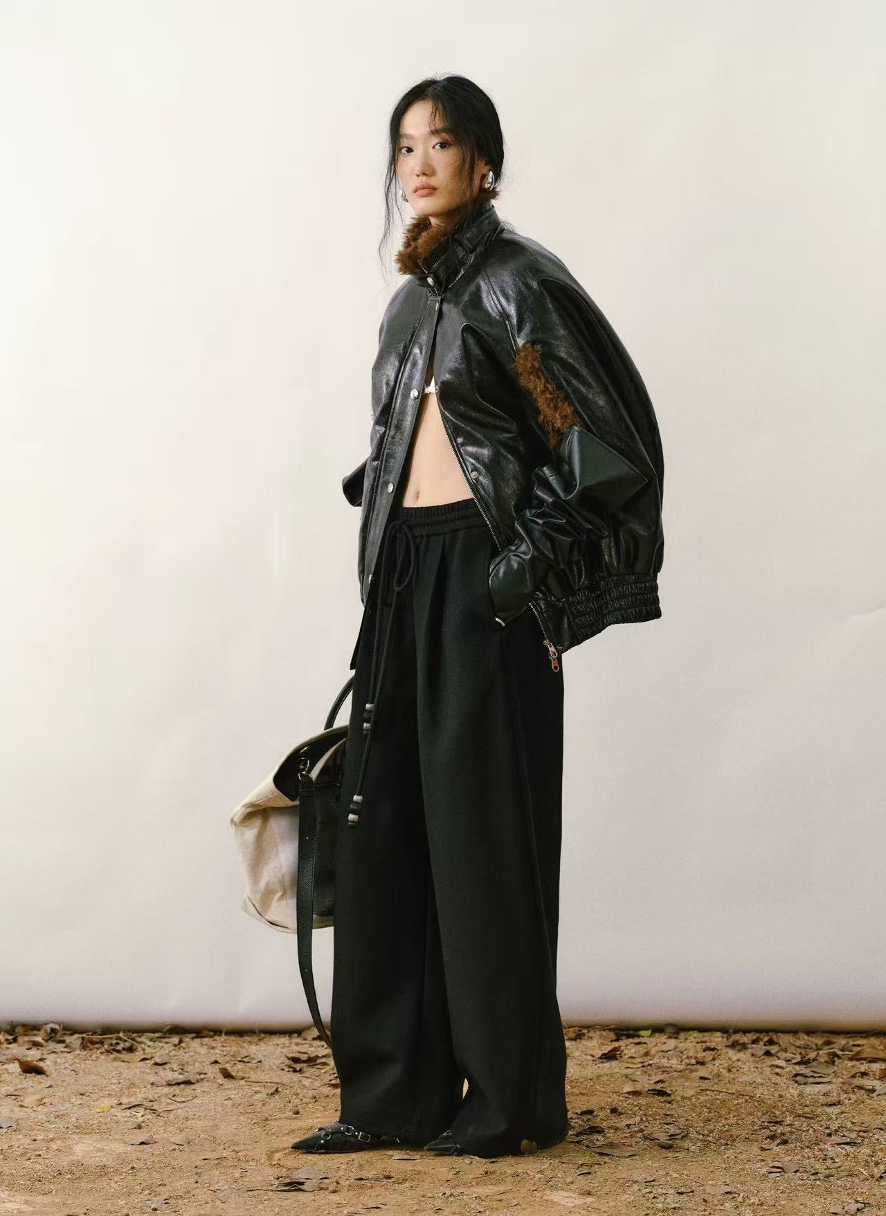 High-Neck Sleeveless PU Cape Jacket