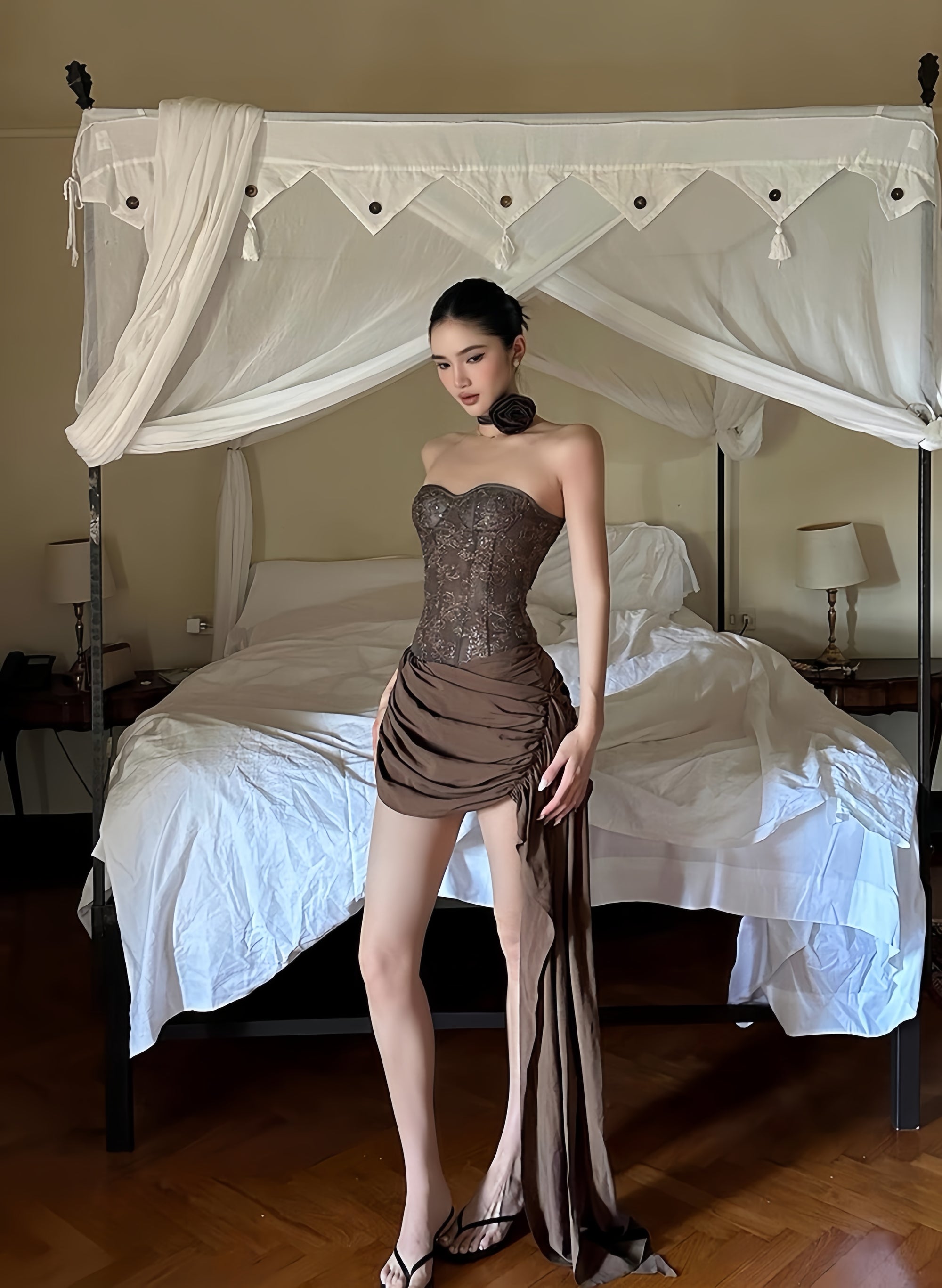 Brown Lace Corset Top & Draped Skirt Set