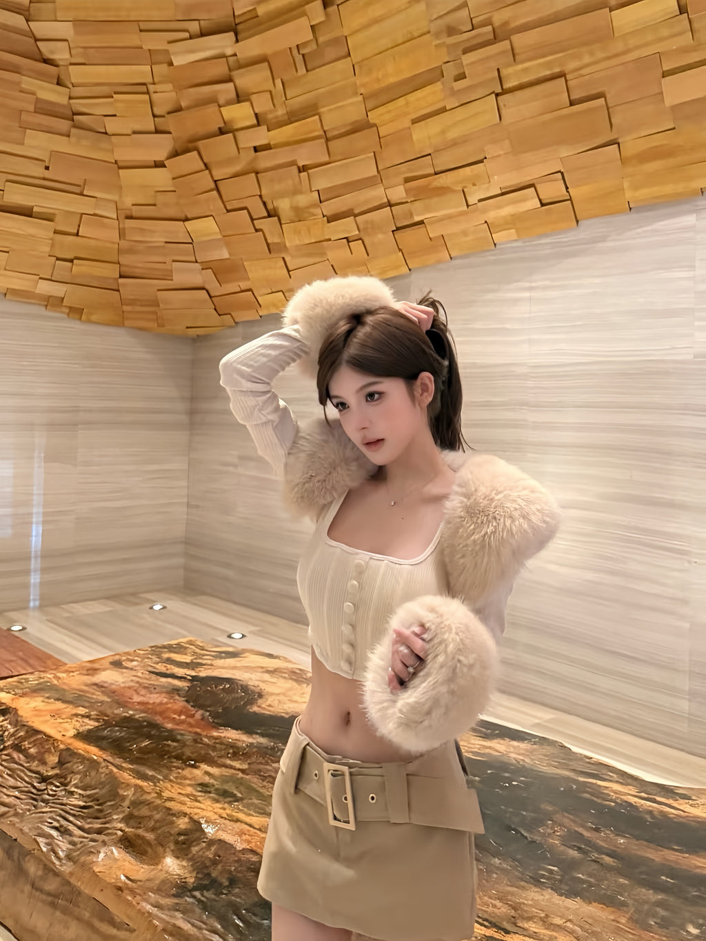 Faux Fur Trim Cropped Two-Piece Top