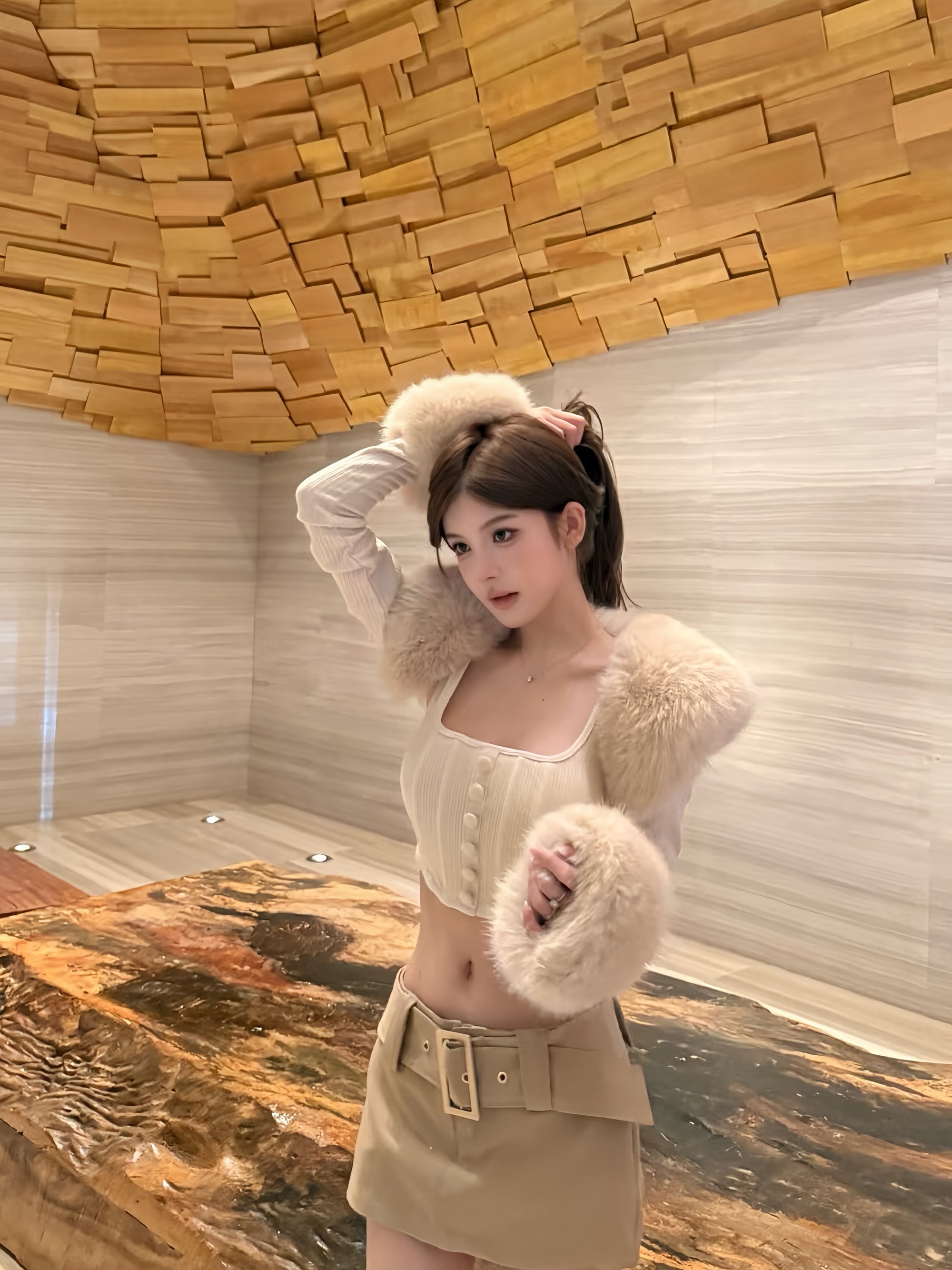 Faux Fur Trim Cropped Two-Piece Top