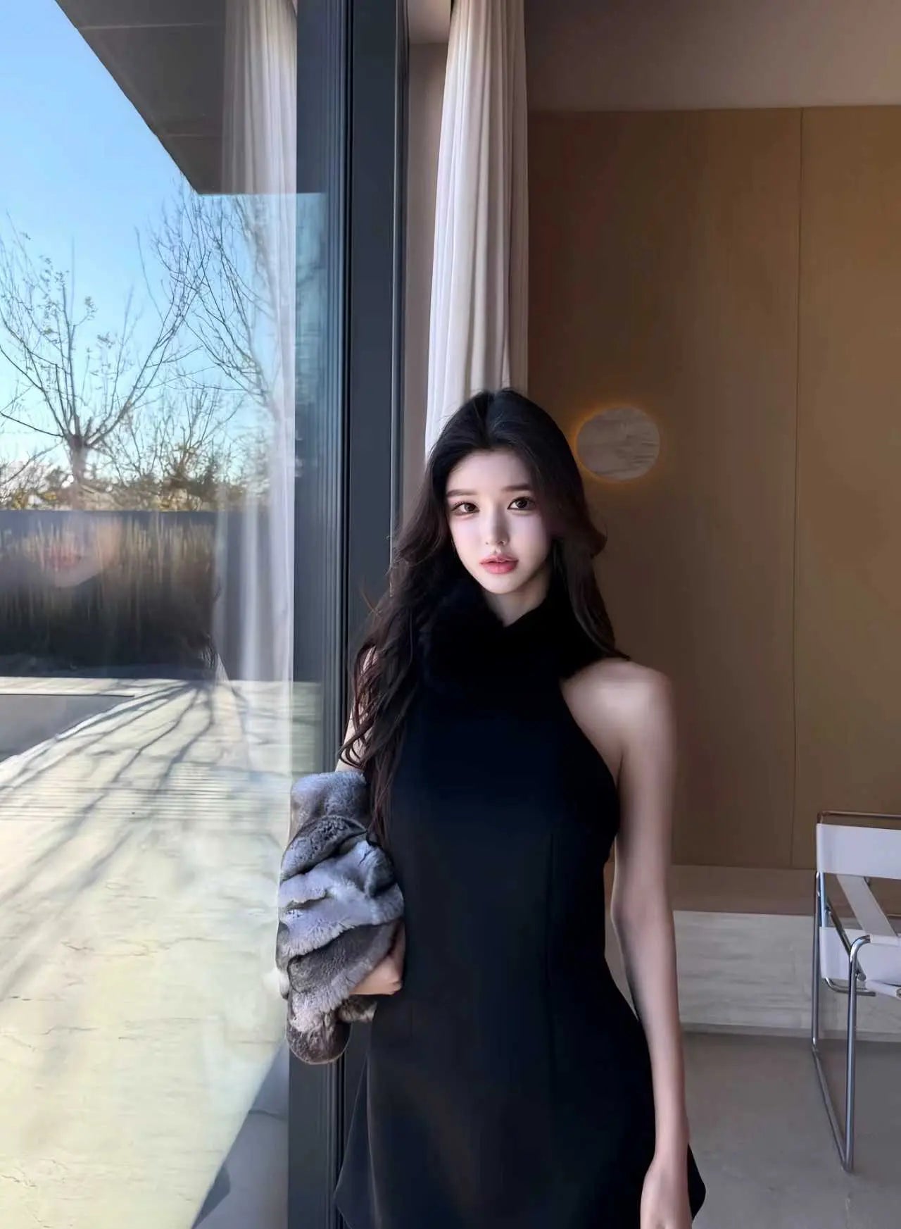 Faux Fur Dress Halter Mini - Velanocta