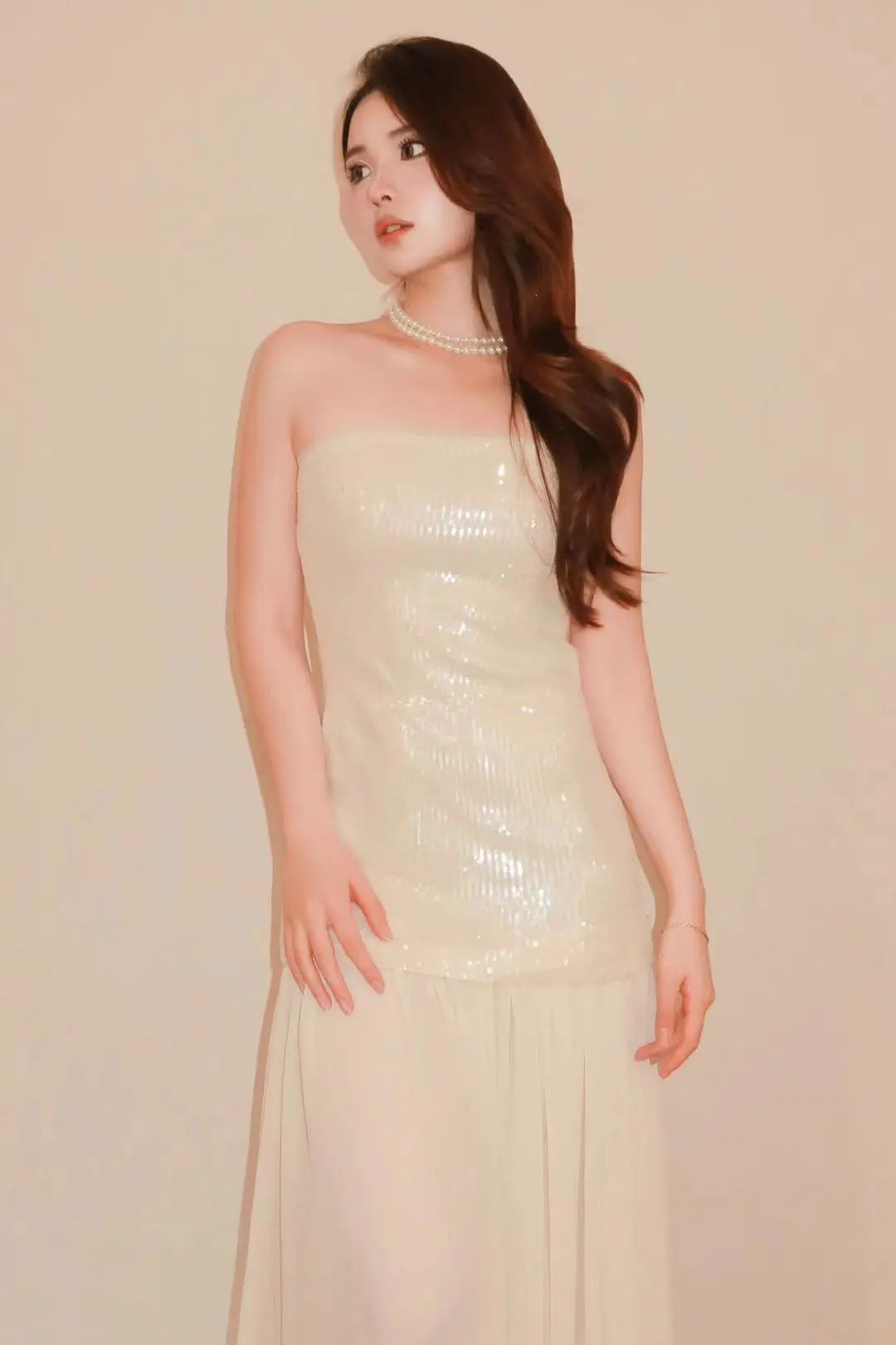 Cream White Sequin Strapless Dress with Pleated Hem - Velanocta