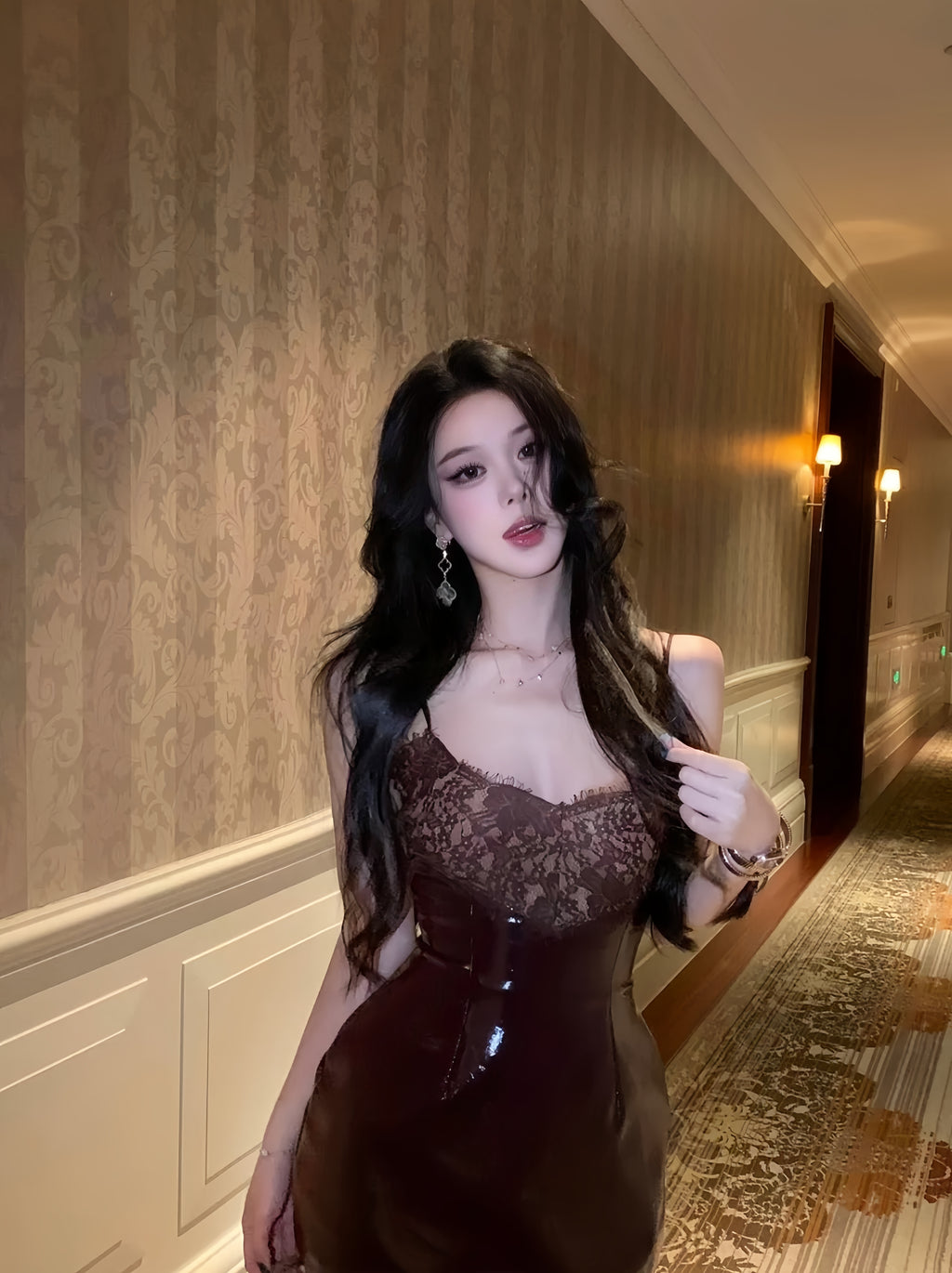 Lace-Panel Faux Leather Slip Dress