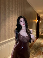 Lace-Panel Faux Leather Slip Dress