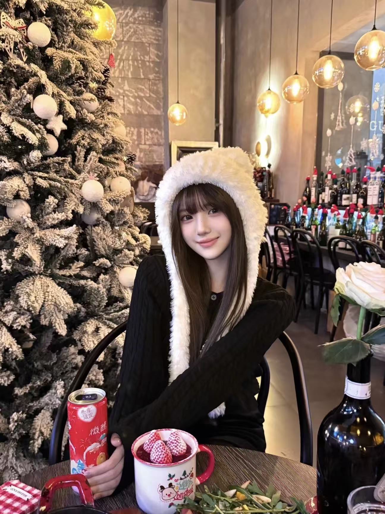 White Faux-Fur Earflap Hat + Black Knit Sweater Set