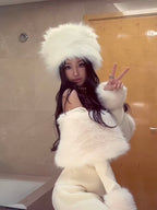 White Faux-Fur Off-Shoulder Knit Set (with Matching Hat)
