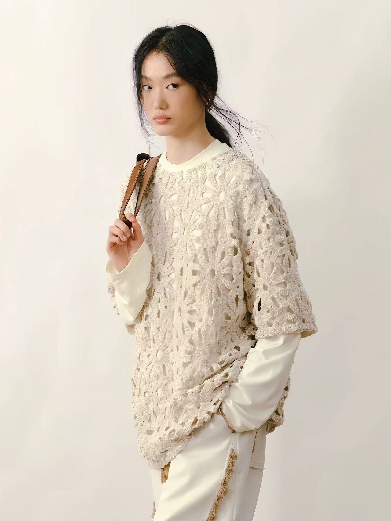 Embroidered Cut-Out Down Shirt Jacket