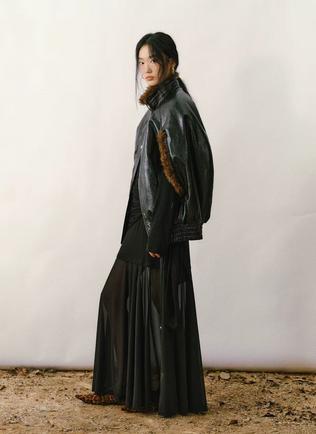 High-Neck Sleeveless PU Cape Jacket