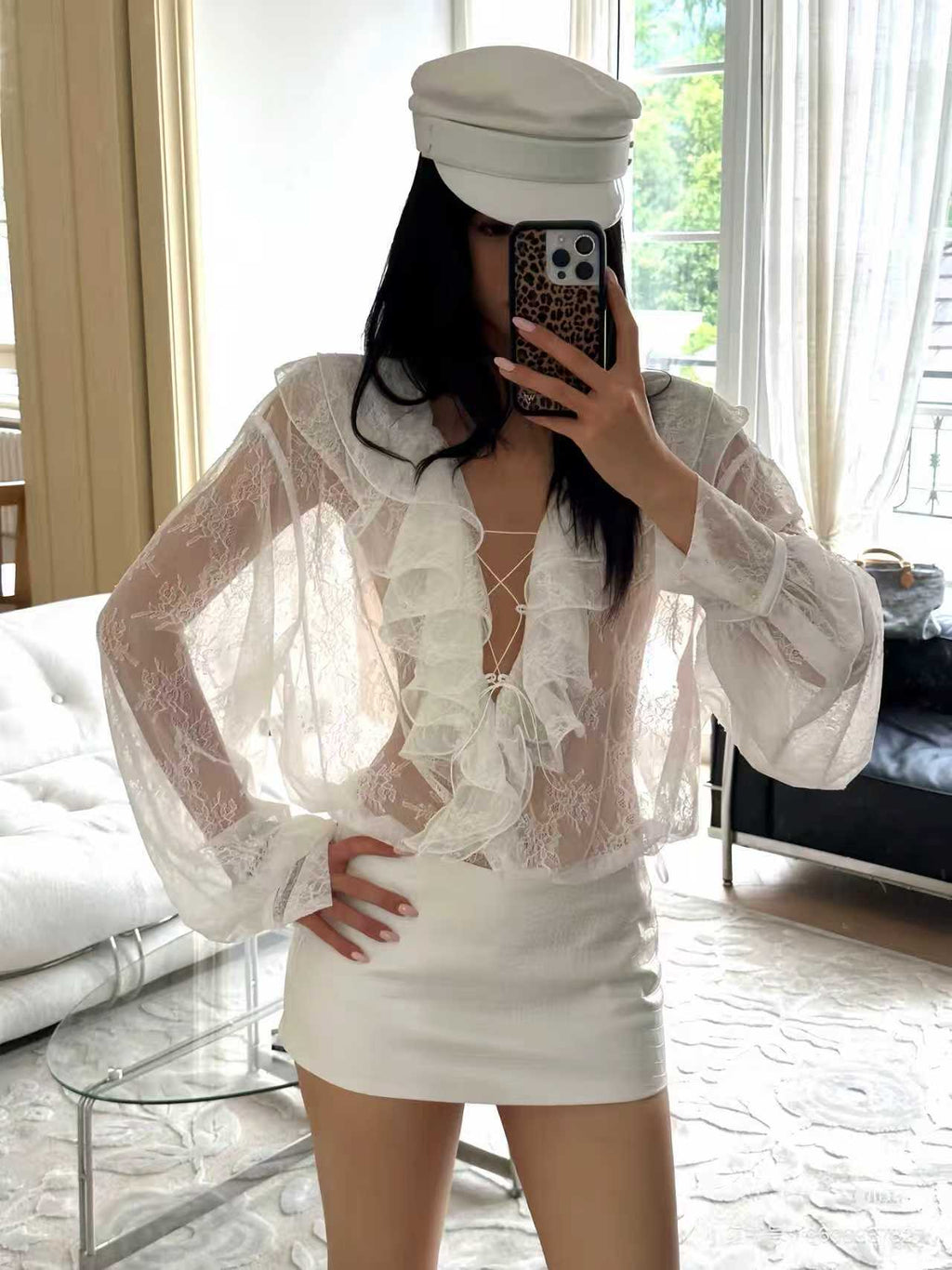 White Lace Ruffle Blouse & Mini Skirt Set