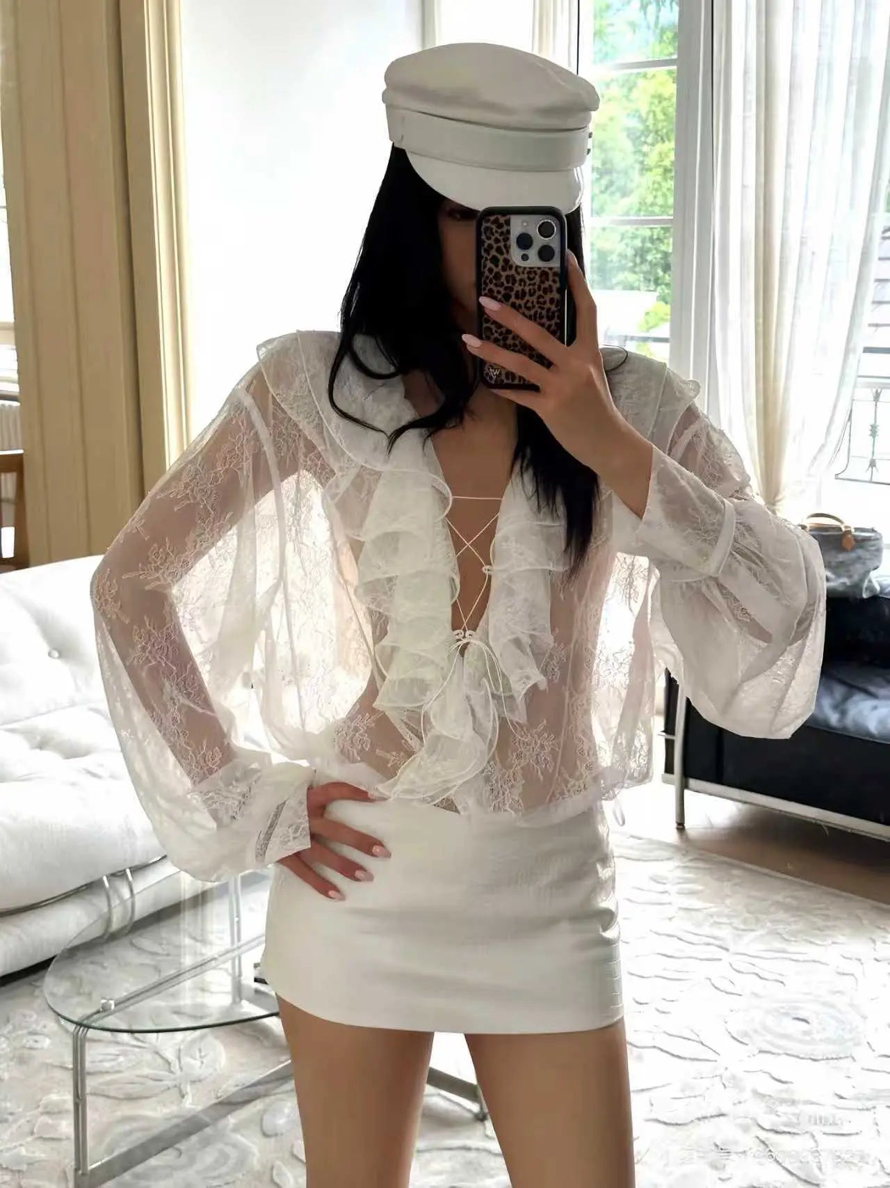 white lace blouse Ruffle Blouse & Mini Skirt Set - Velanocta