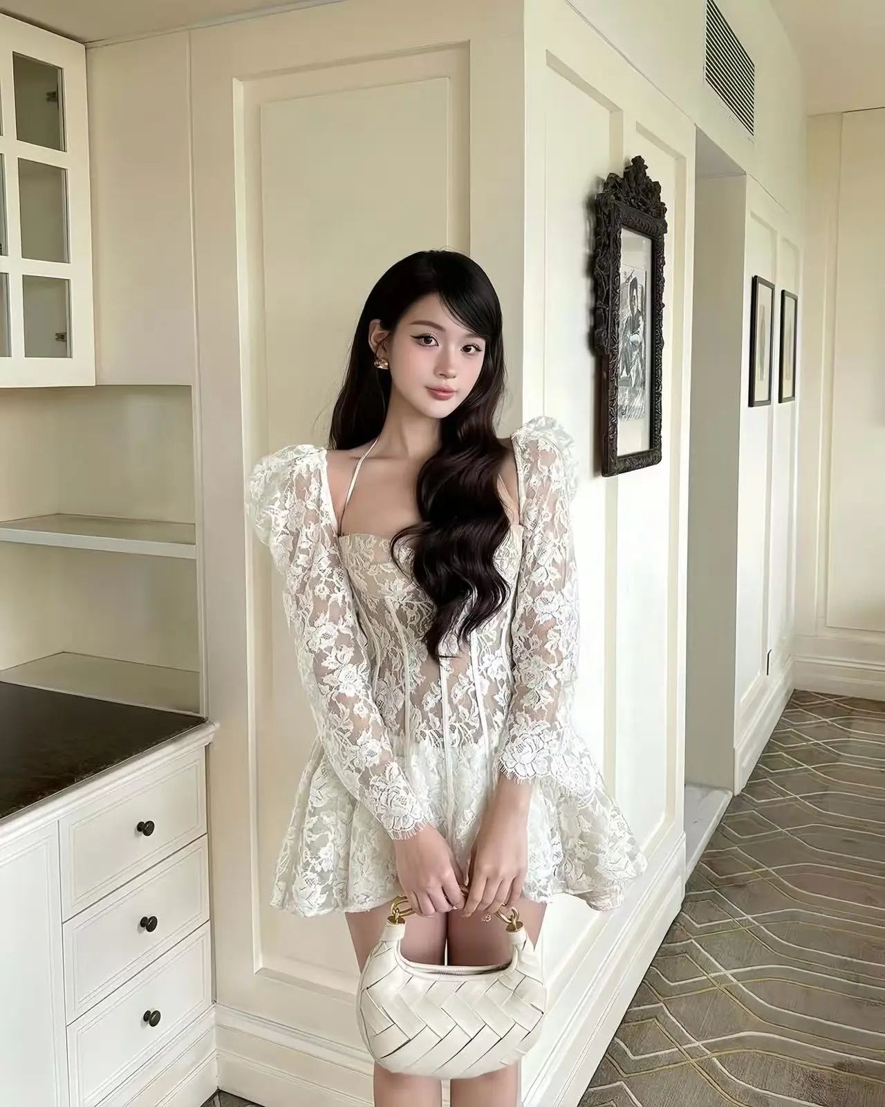 Lace Corset Mini Dress with Puff Sleeves - Velanocta