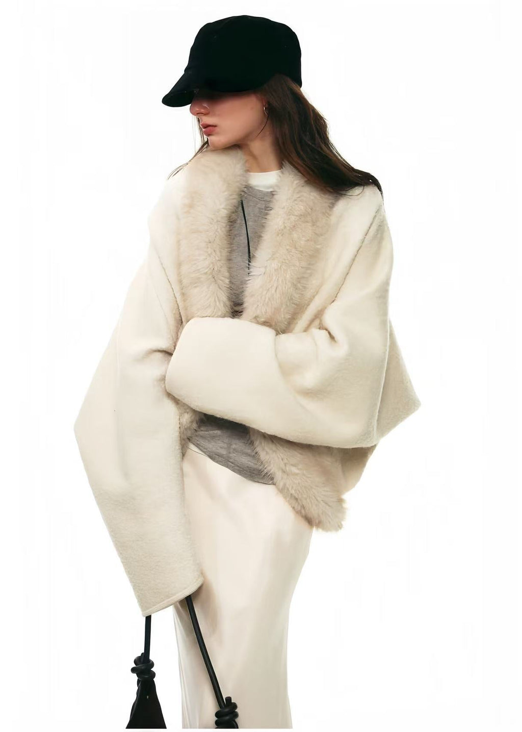 Cream Faux-Fur Collar Batwing Wool Coat