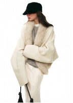 Cream Faux-Fur Collar Batwing Wool Coat