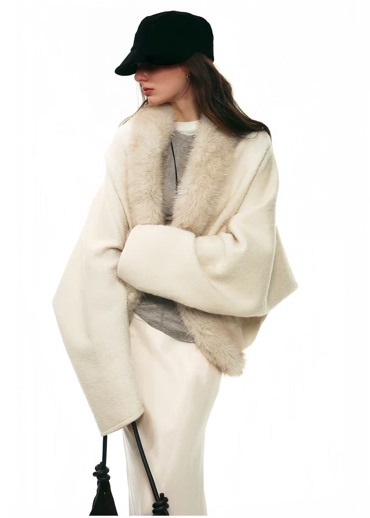 Cream Faux-Fur Collar Batwing Wool Coat