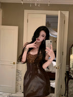 Lace-Panel Faux Leather Slip Dress