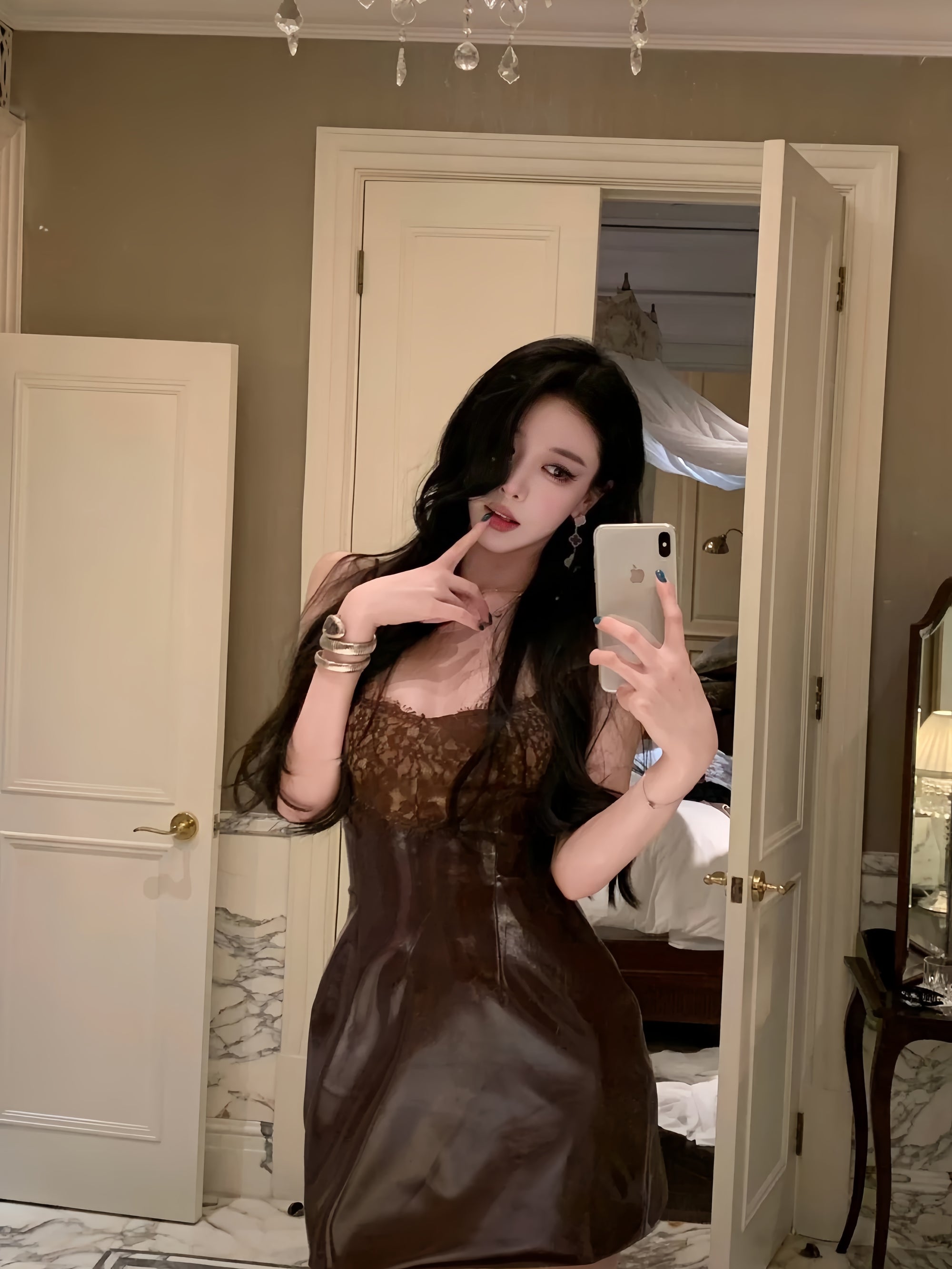 Lace-Panel Faux Leather Slip Dress