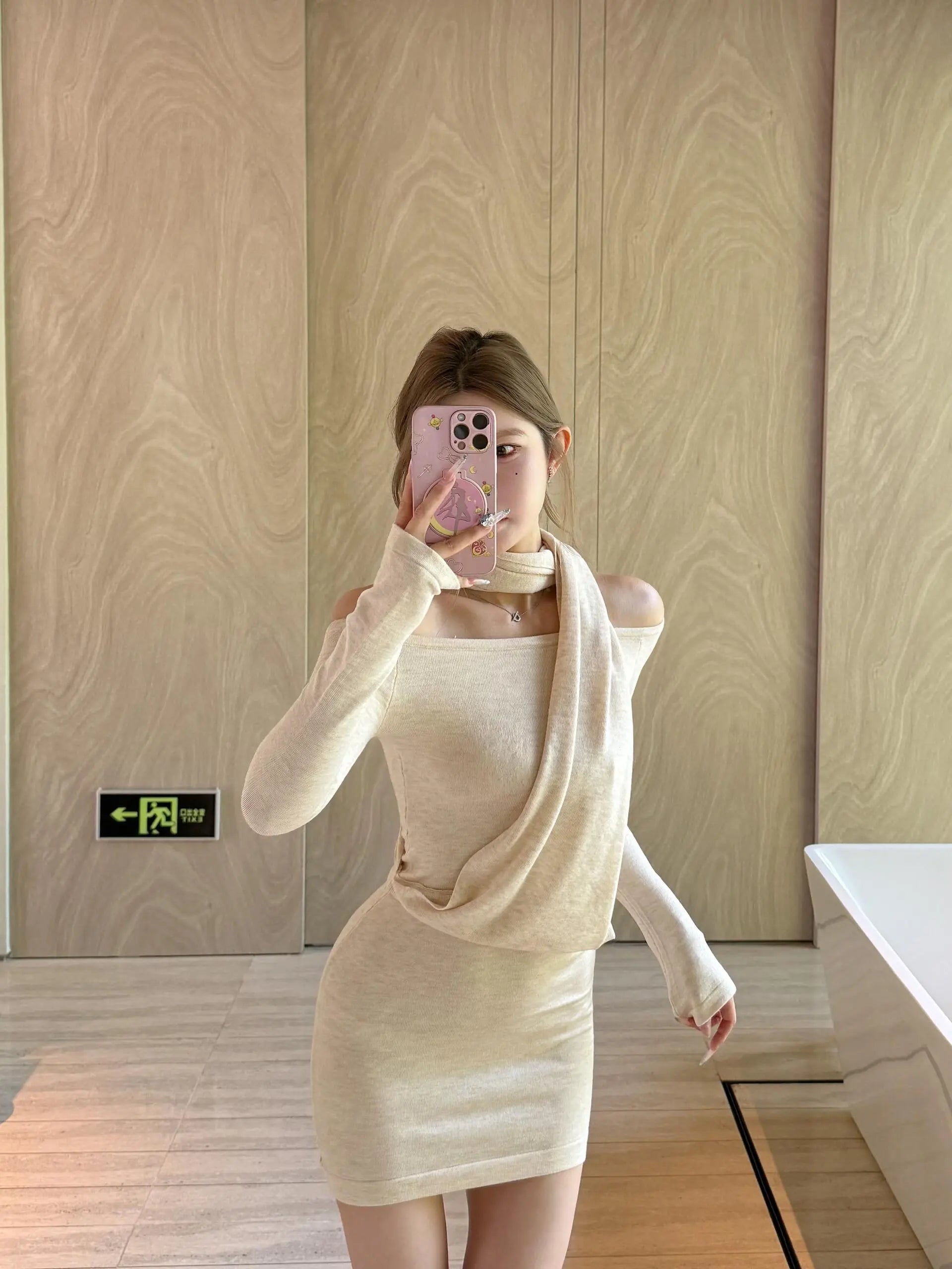 Off-Shoulder Drape-Detail Knit Bodycon Dress - Velanocta