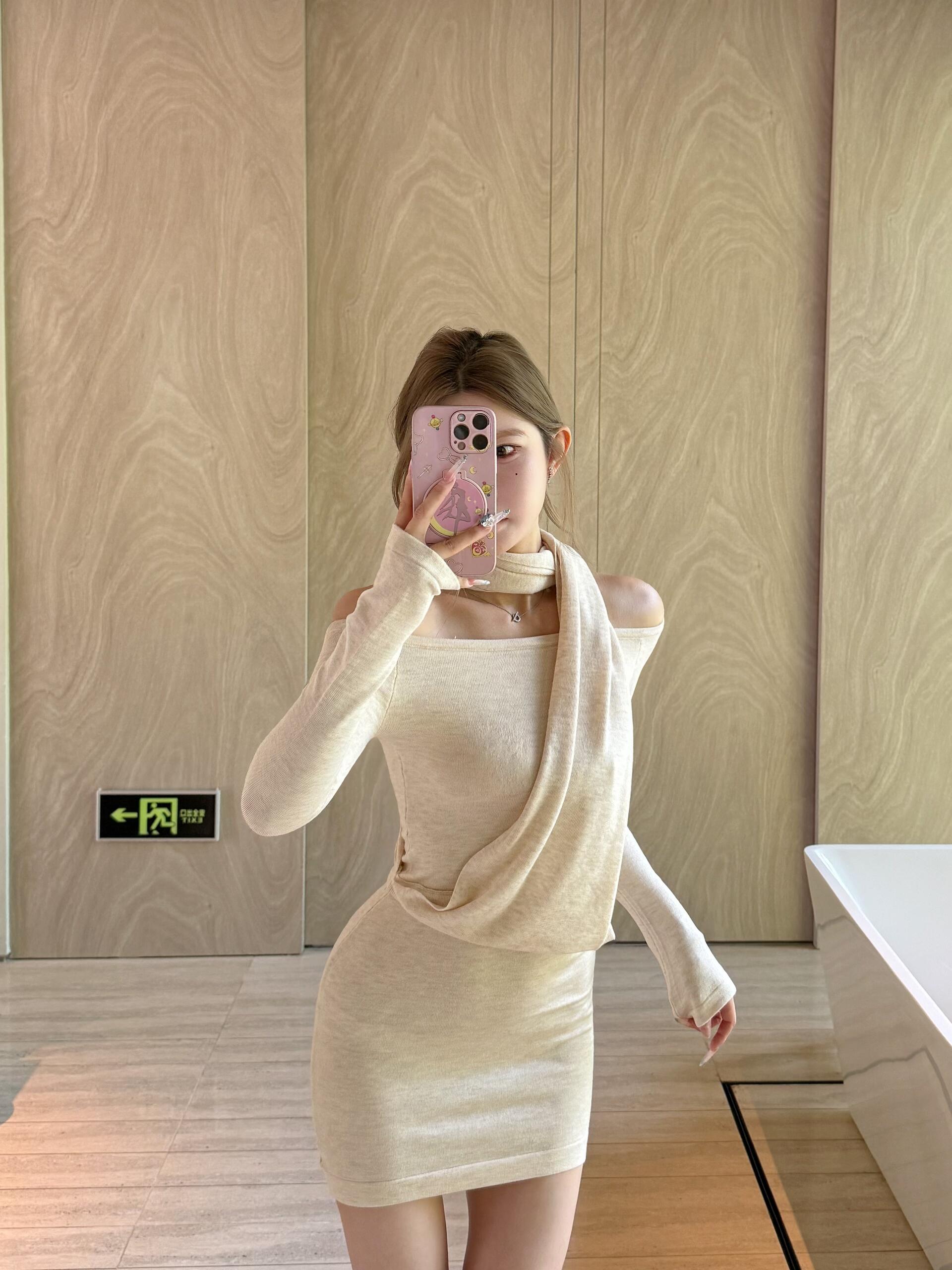 Off-Shoulder Drape-Detail Knit Bodycon Dress