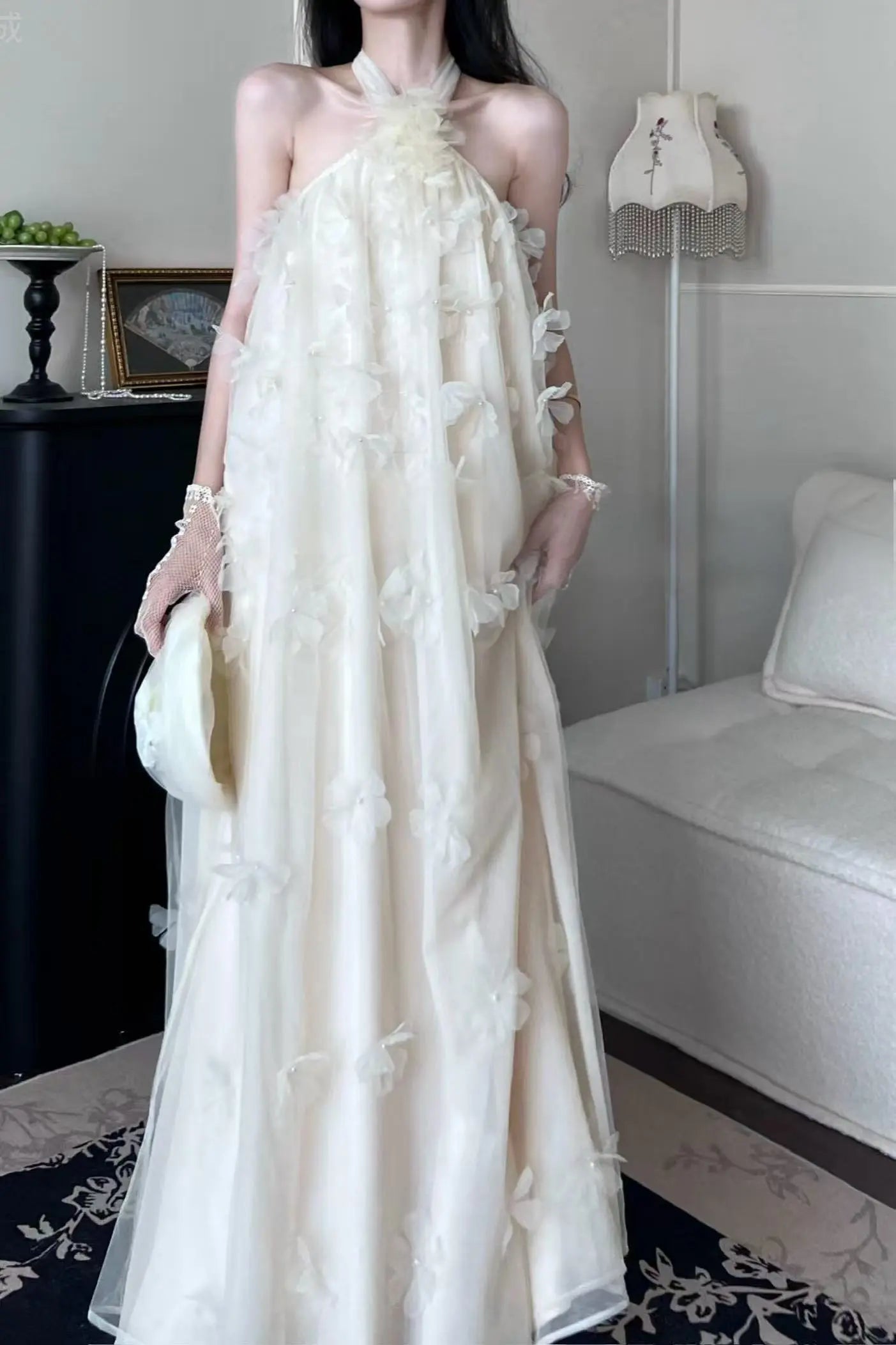 Butterfly Appliqué Halter Maxi Dress - Velanocta