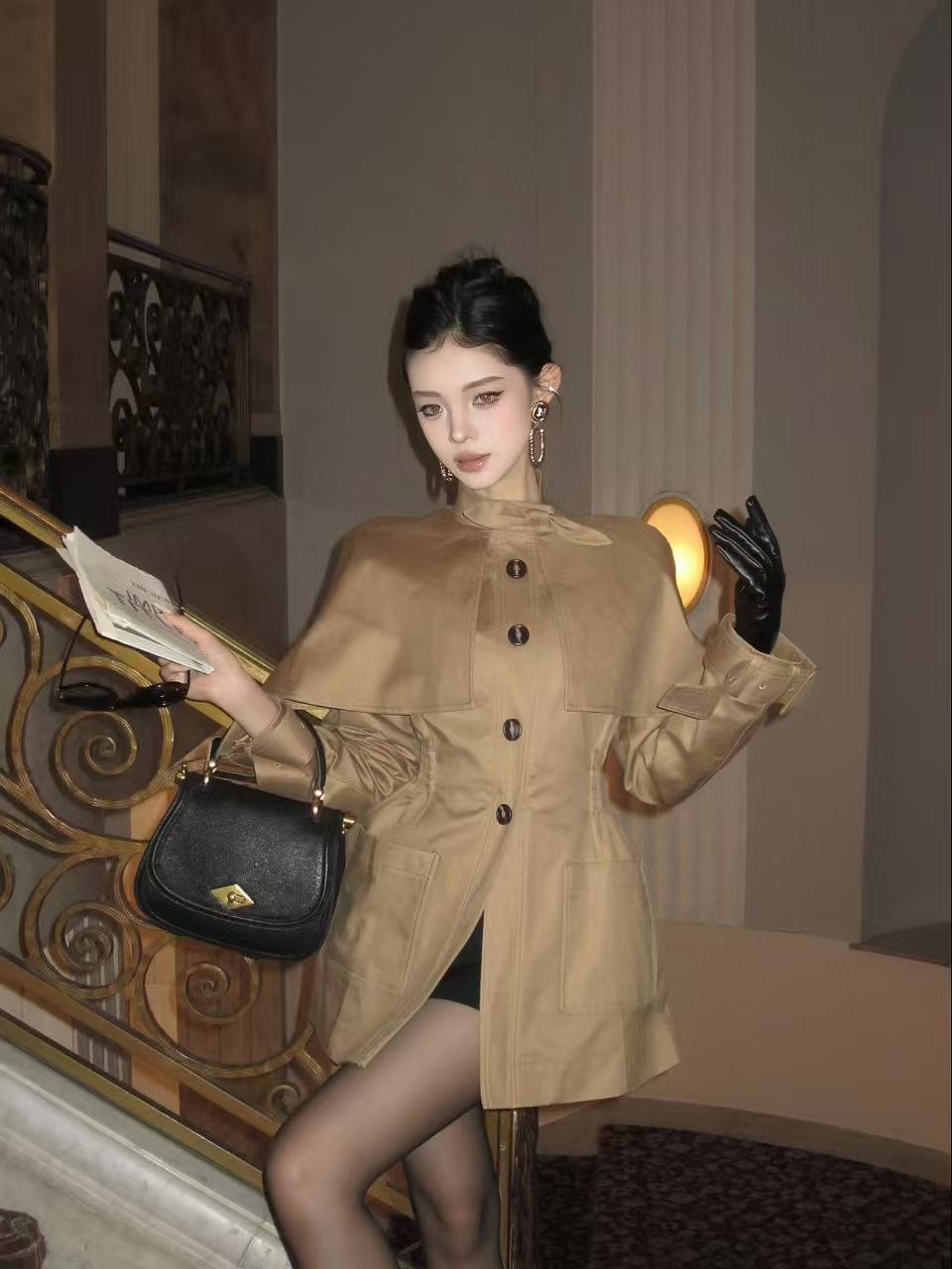 Camel Cape-Style Tailored Trench Coat