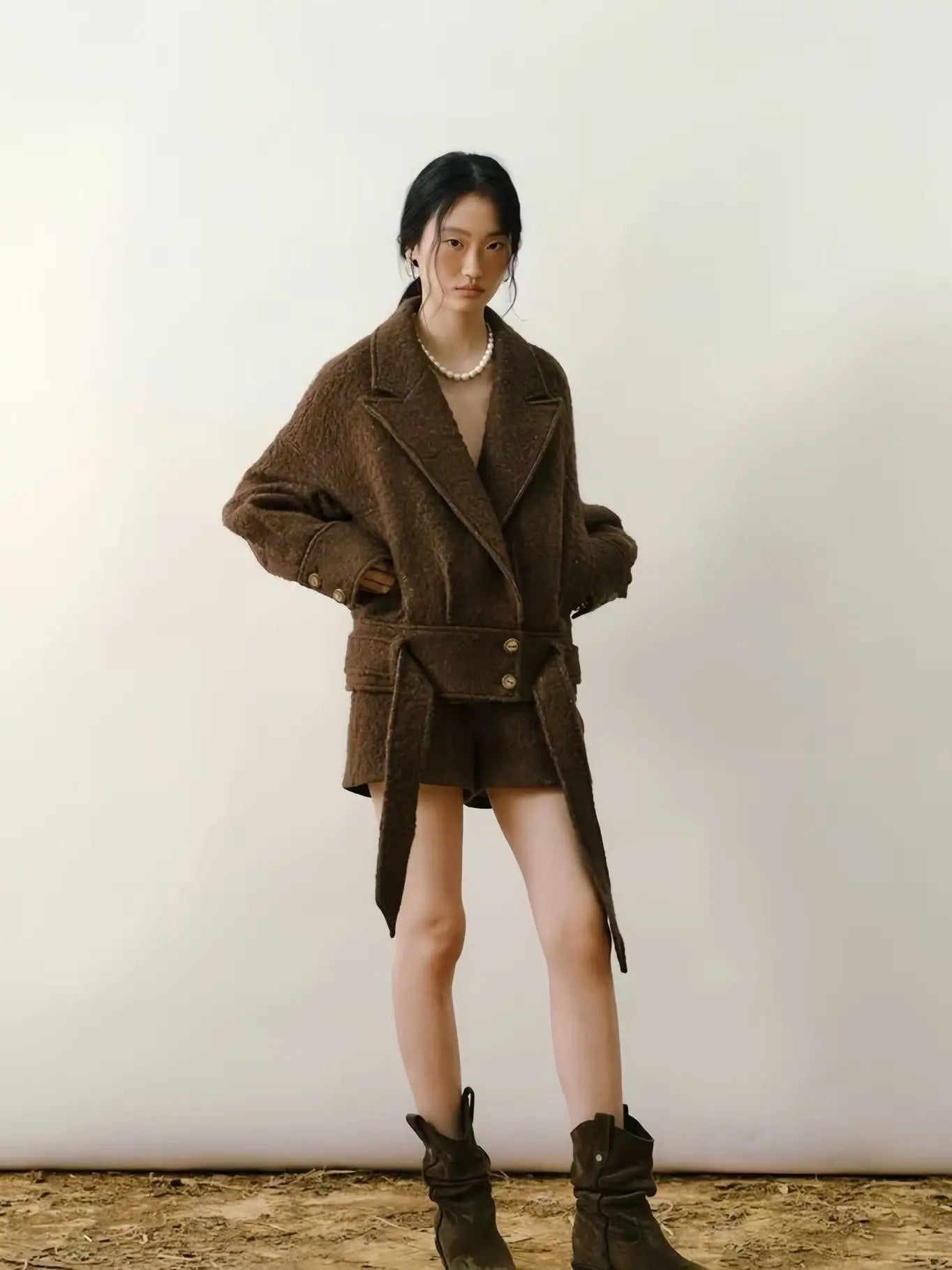 Brown Alpaca Blend Cropped Wool Jacket - Velanocta