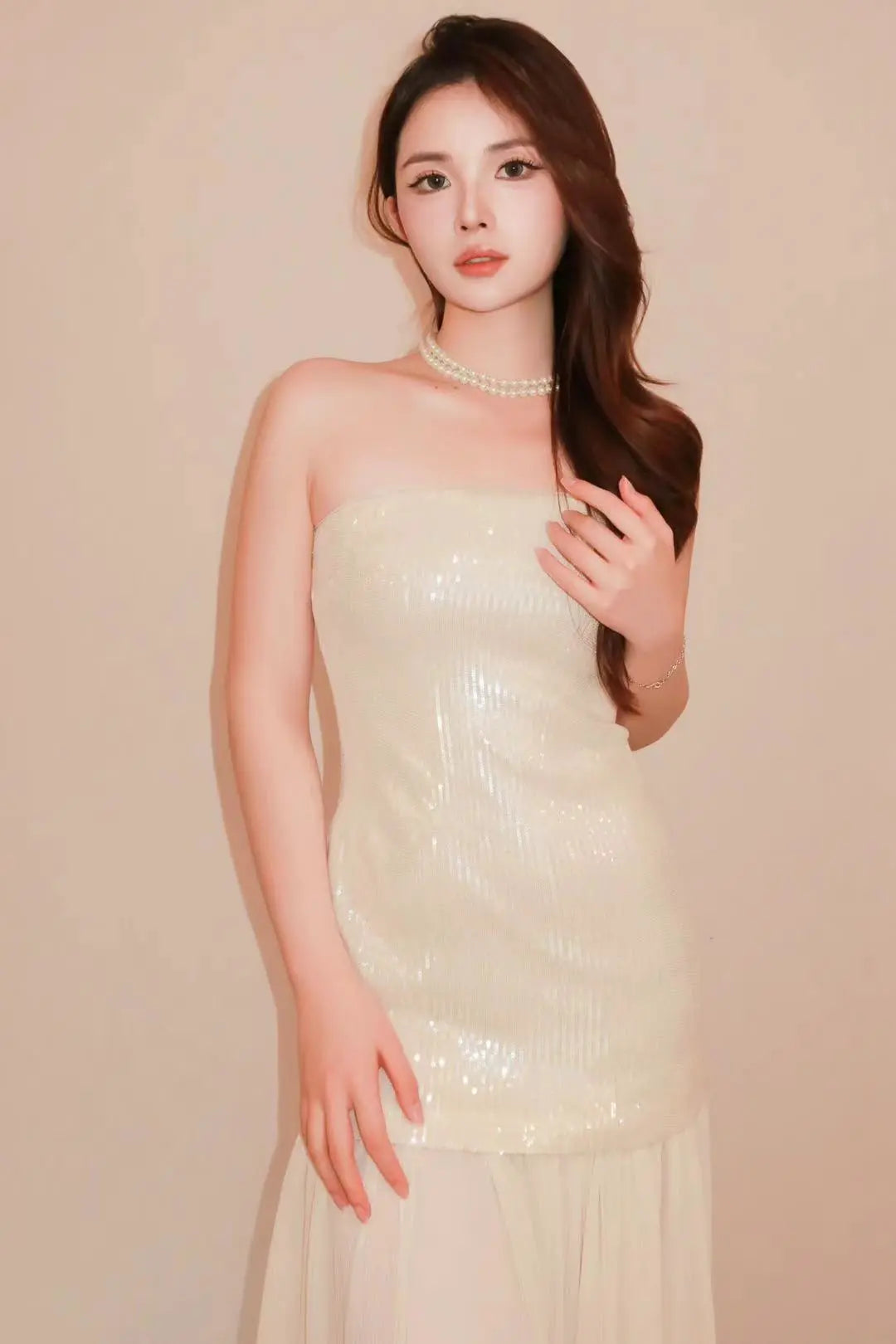 Cream White Sequin Strapless Dress with Pleated Hem - Velanocta