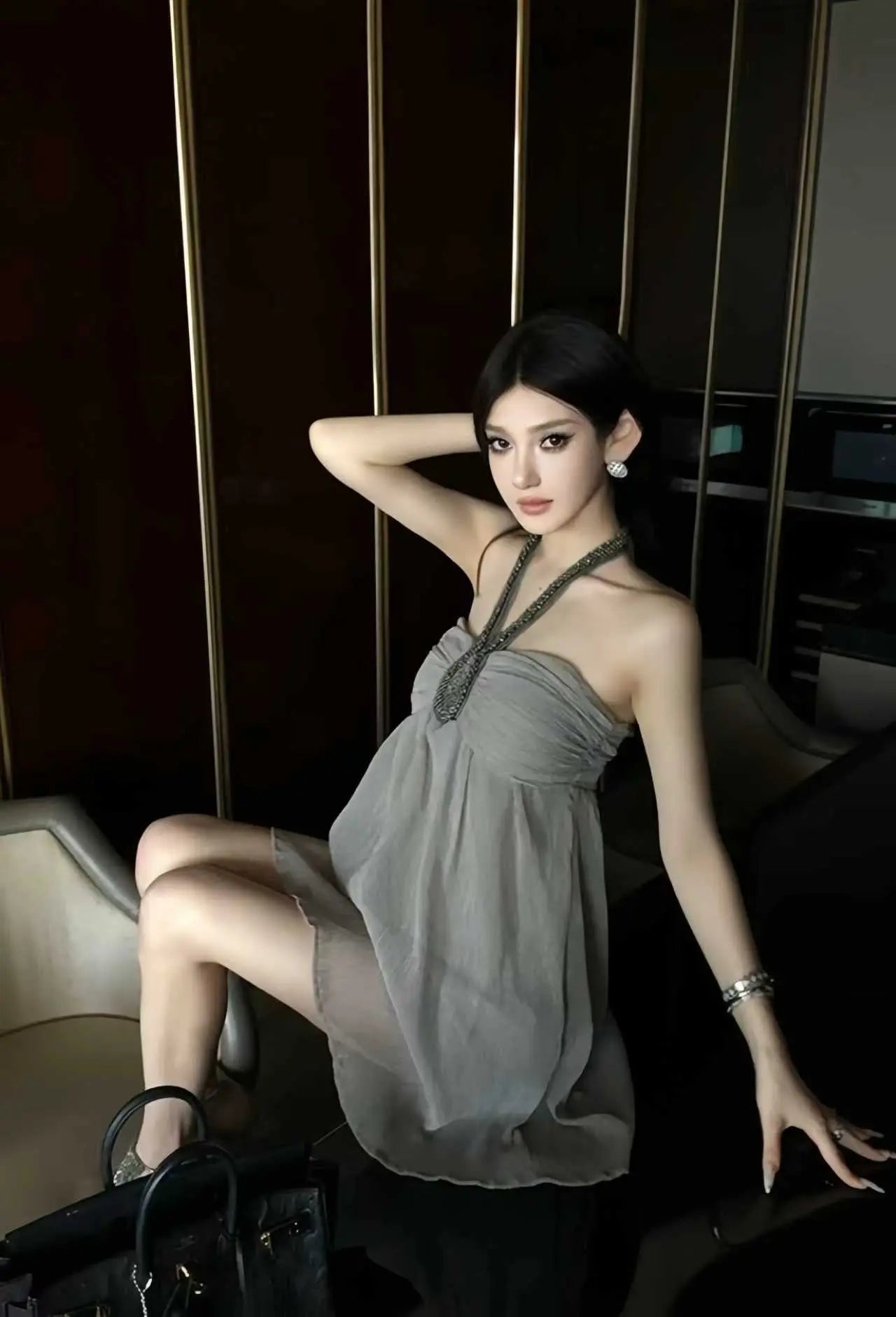 Strapless Chiffon Embellished Dress with Beaded Detail - Velanocta