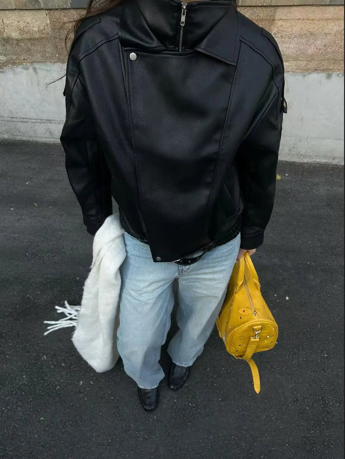 Vintage Litchi-Grain Oversized PU Moto Jacket - Velanocta