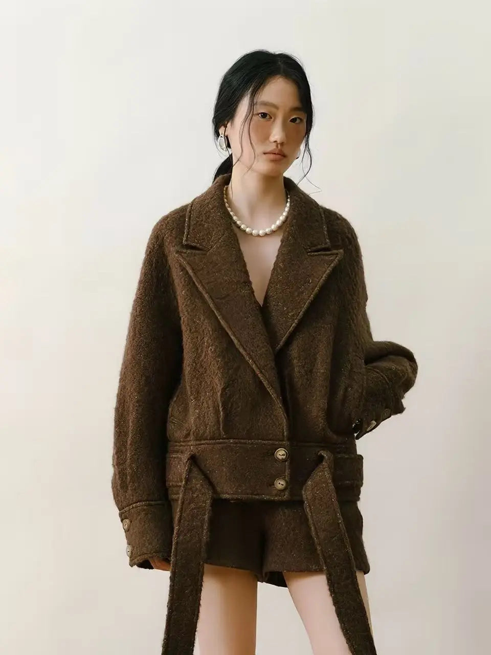 Brown Alpaca Blend Cropped Wool Jacket - Velanocta