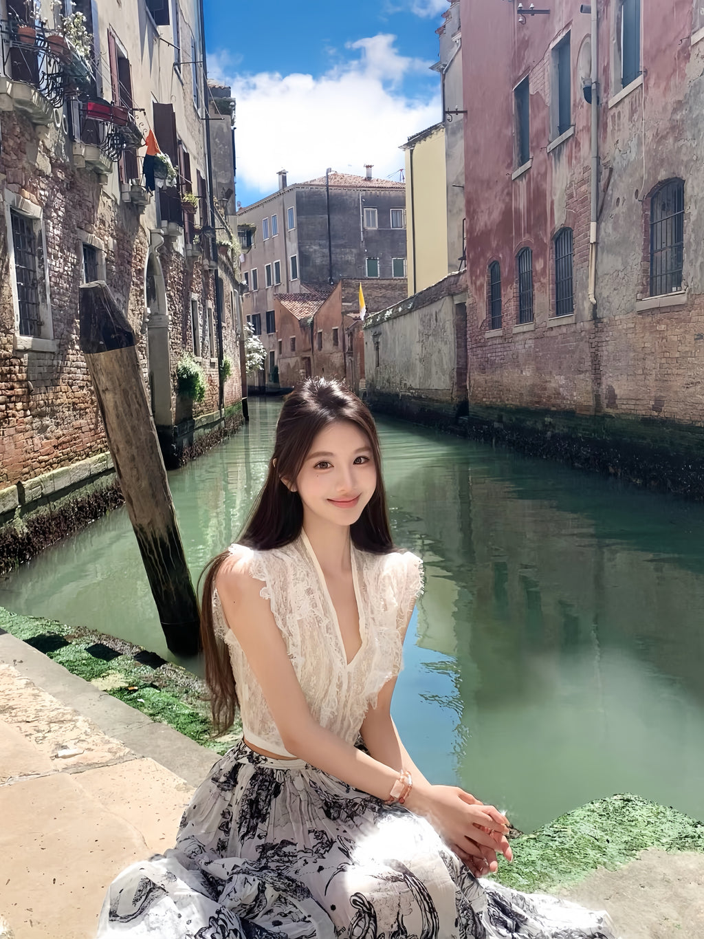 French Lace Flutter-Sleeve V-Neck Top