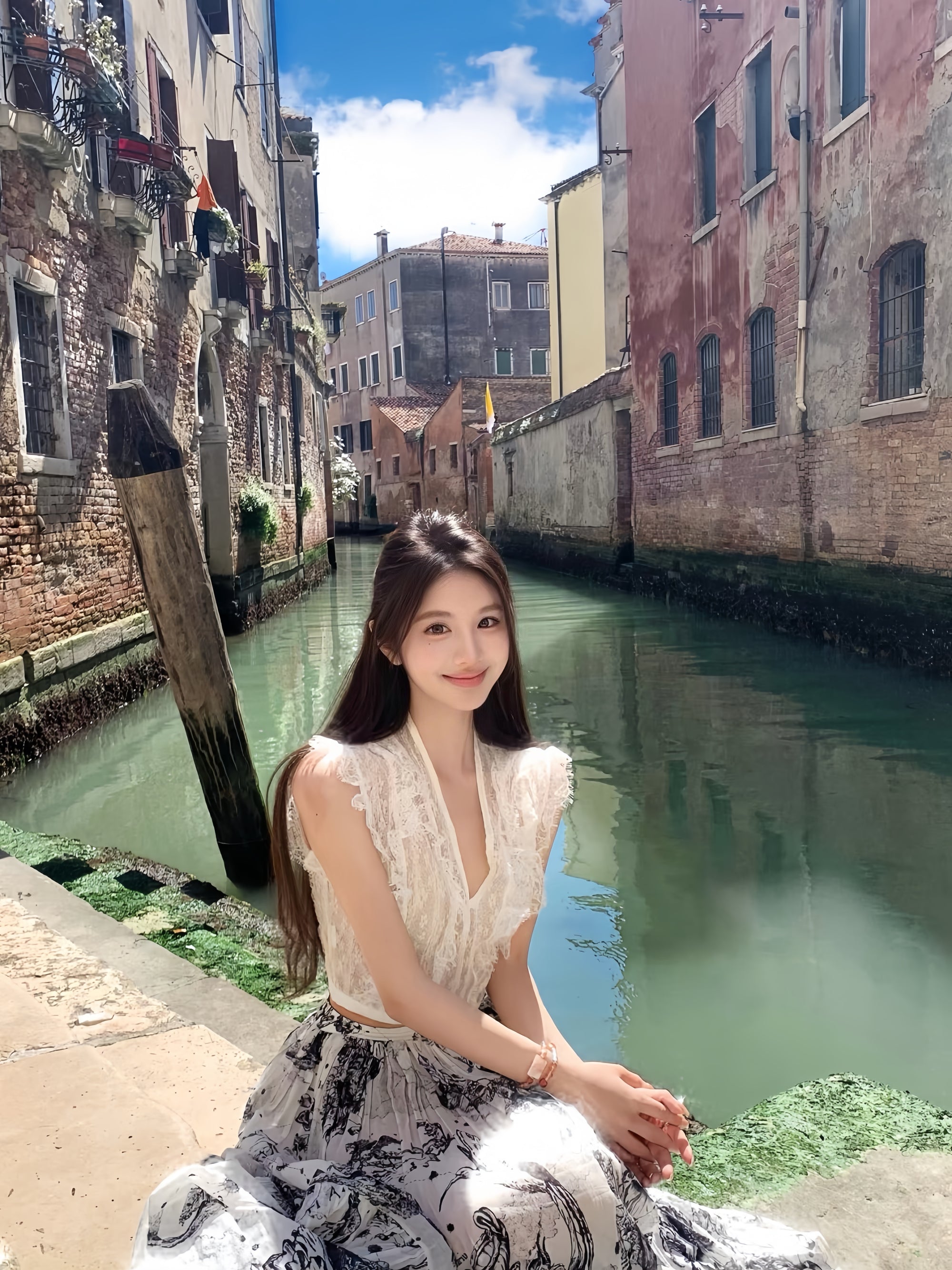 French Lace Flutter-Sleeve V-Neck Top