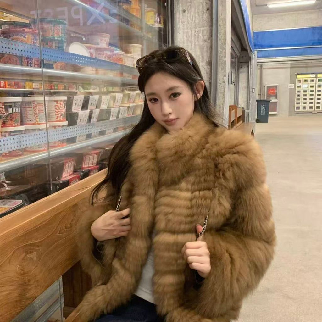 Amber Fox Fur Carved-Stripe Coat with High Collar — SAGA Certified