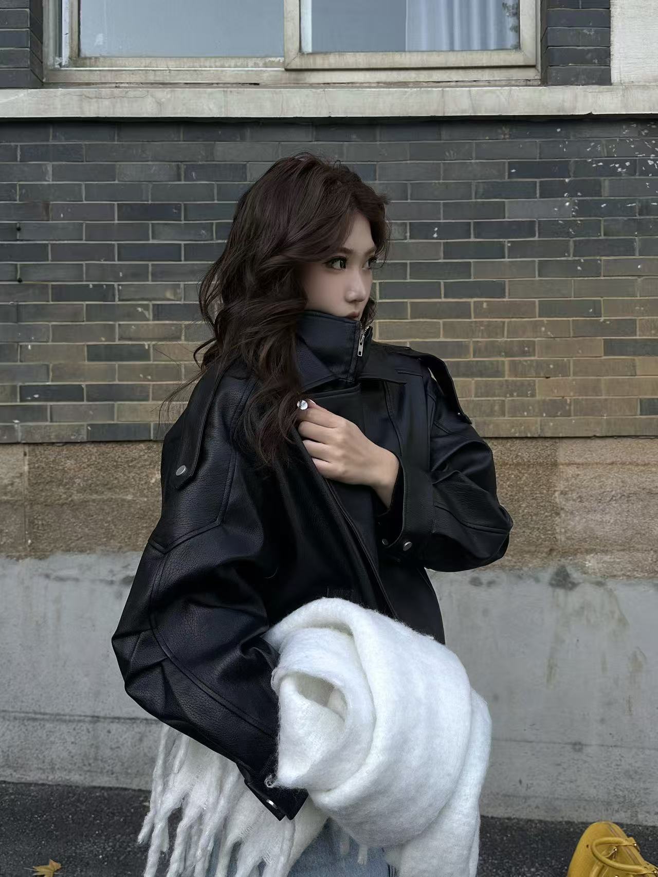 Vintage Litchi-Grain Oversized PU Moto Jacket