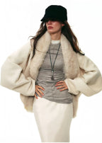 Cream Faux-Fur Collar Batwing Wool Coat