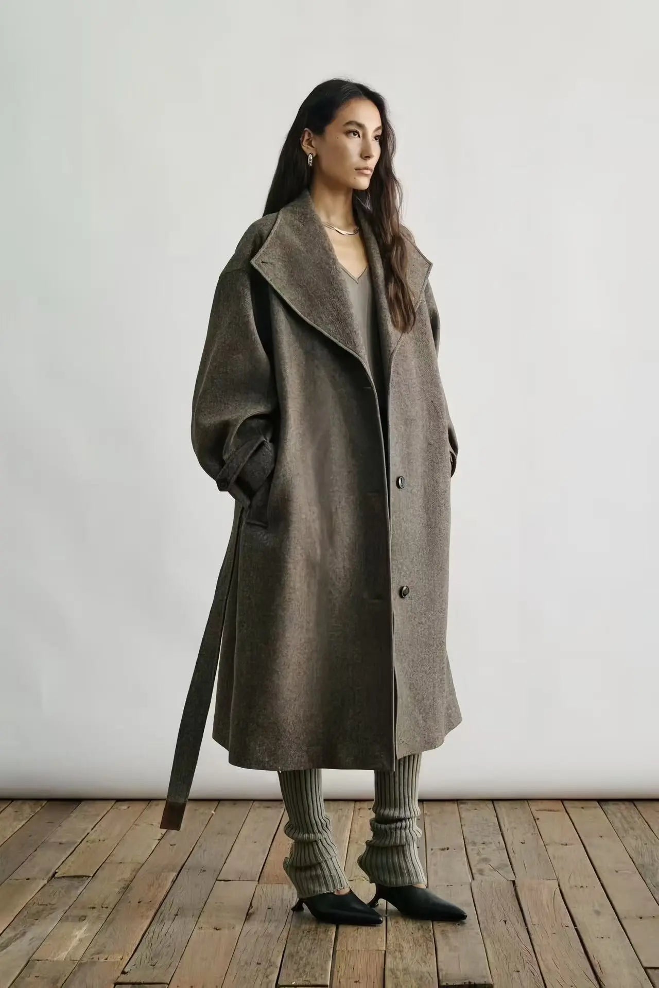 Tweed Texture Oversized Wool Coat with Suede Accents - Velanocta
