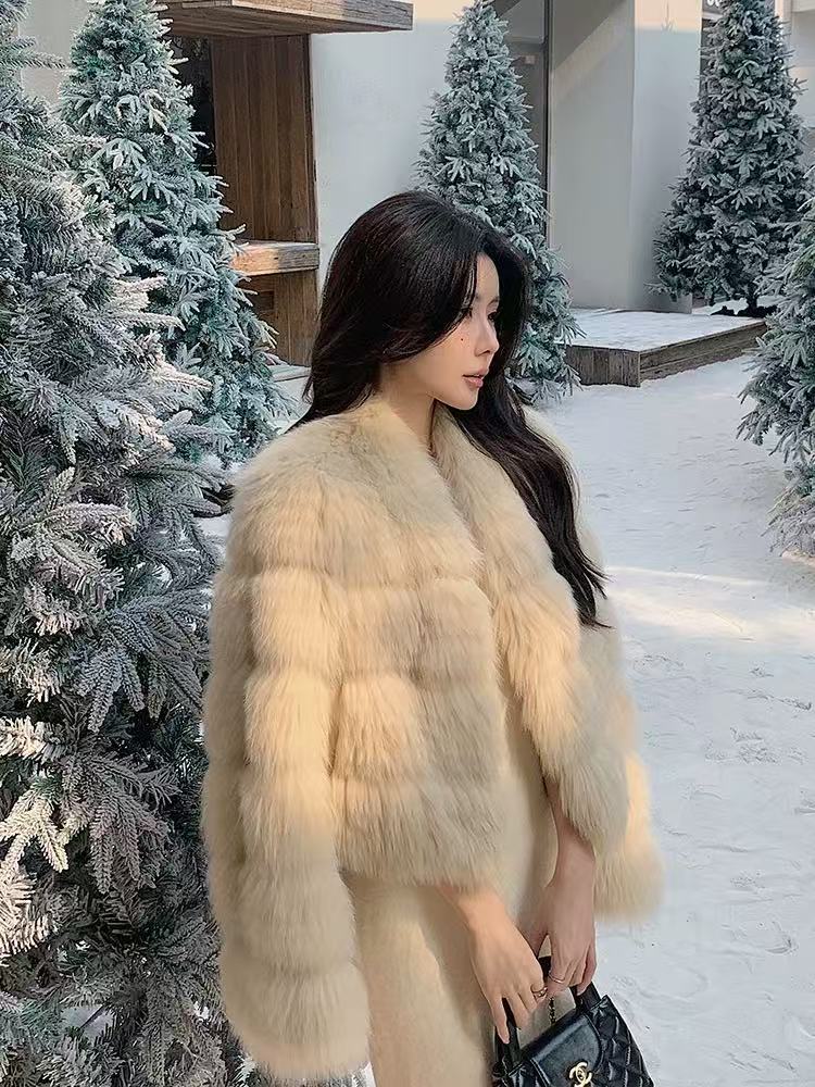 Ivory V-Neck Luxe Fox Fur Coat with Oversized Sleeves — SAGA Certified